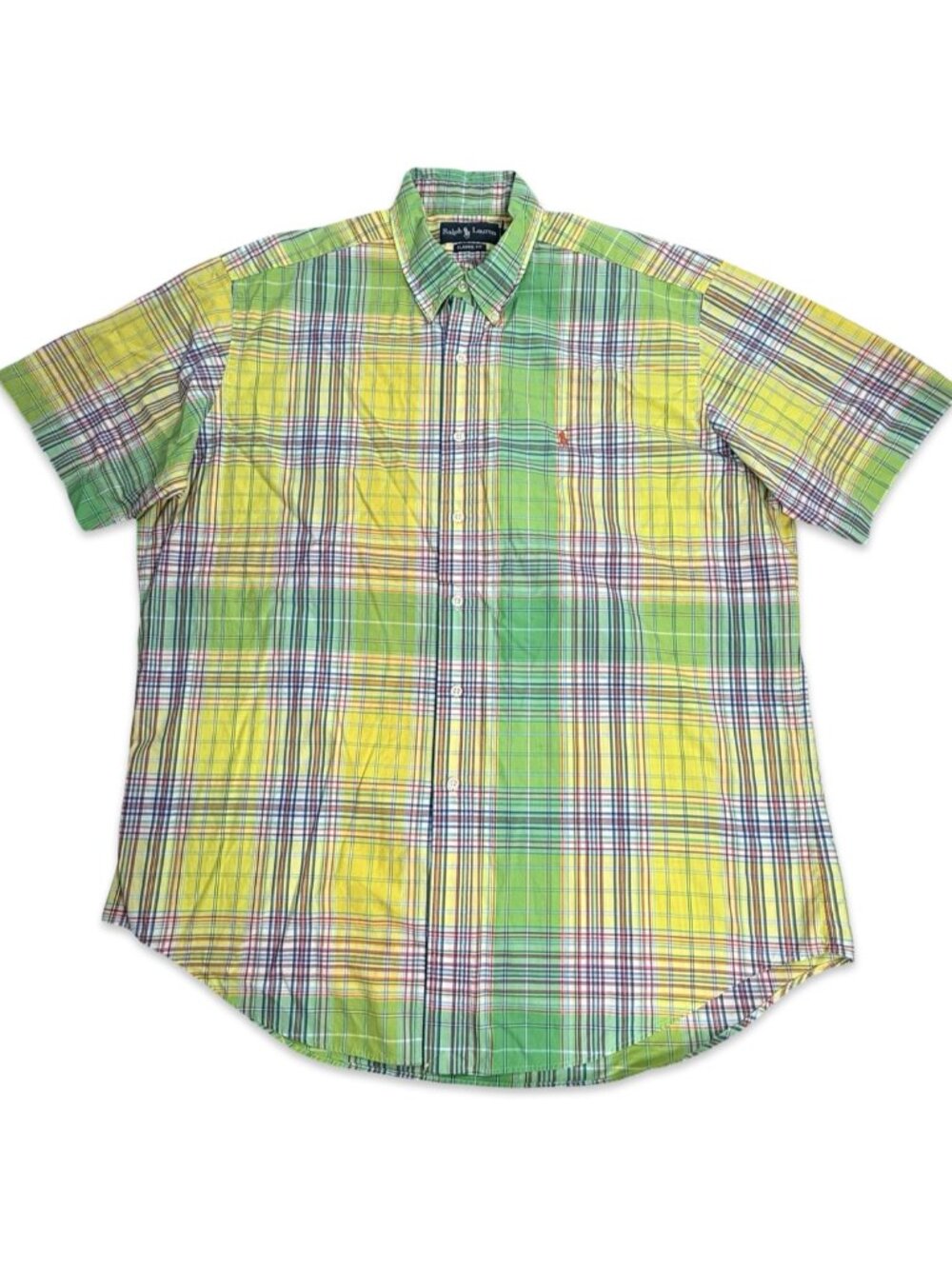 Ralph Lauren Plaid Button Up Shirt Mens XL Green Yellow Short Sleeve Classic Fit